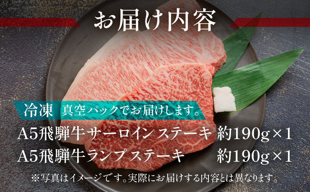 A5飛騨牛サーロイン・ランプステーキ  約380g(約190g×各1枚) サーロイン らんぷ【冷凍】飛騨牛 牛肉 赤身 ブランド牛 肉ギフト ランプ ステーキ【11-1025】