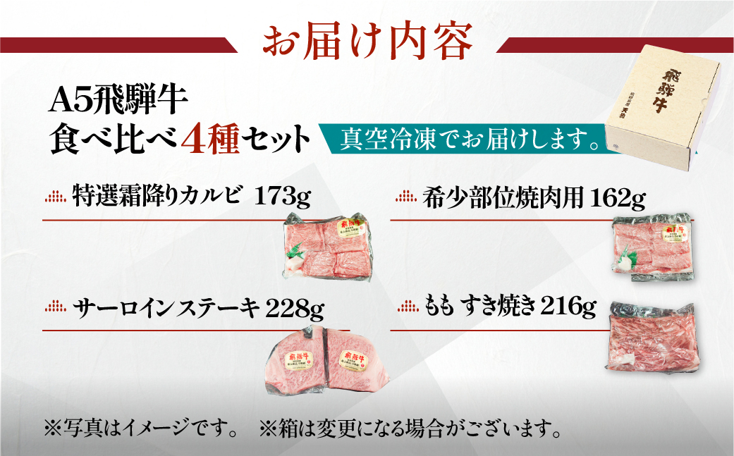 飛騨牛 A5 食べ比べ4種セット（特選霜降りカルビ 173g・サーロインステーキ 228g・希少部位焼肉用 162g・ももすき焼き 216g）【冷凍 真空】牛肉 霜降り しもふり 【11-83】