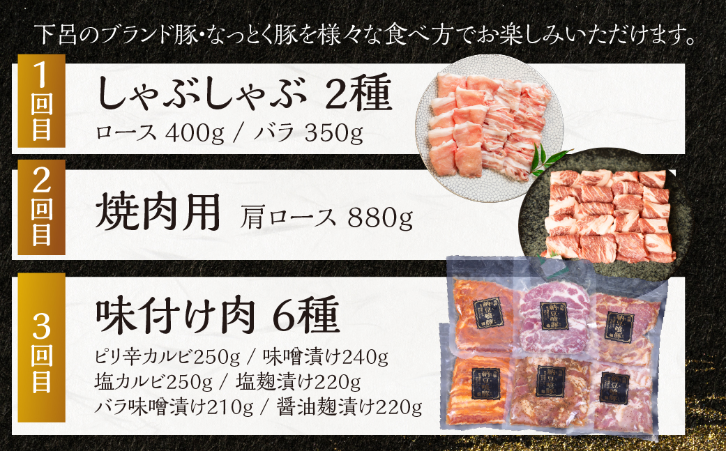 【定期便3回】納豆喰豚 お楽しみ定期便（味付け肉、しゃぶしゃぶ用、焼肉・生姜焼き用）天狗 なっとく豚 食べ比べ 定期便 3カ月 定期下呂温泉 おすすめ 豚肉 なっとくとん ブランド豚 国産  ギフト  40000円 4万円 岐阜県 下呂市【11-Q】