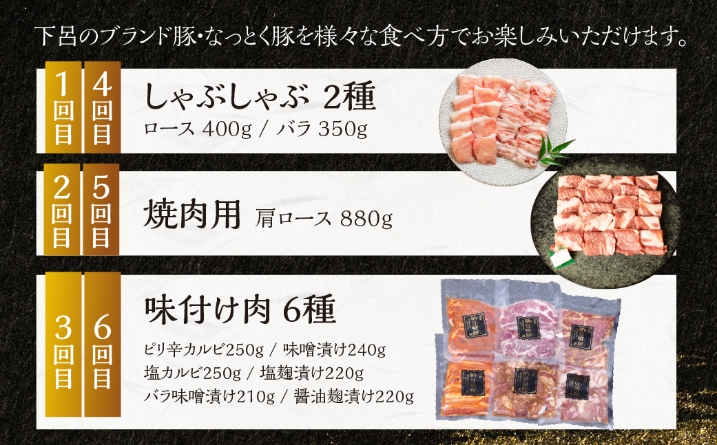 【定期便6回】納豆喰豚 お楽しみ定期便（味付け肉、しゃぶしゃぶ用、焼肉・生姜焼き用）天狗 なっとく豚 食べ比べ 定期便 6カ月 定期下呂温泉 おすすめ 豚肉 なっとくとん ブランド豚 国産  ギフト  80000円 8万円 岐阜県 下呂市【11-R】