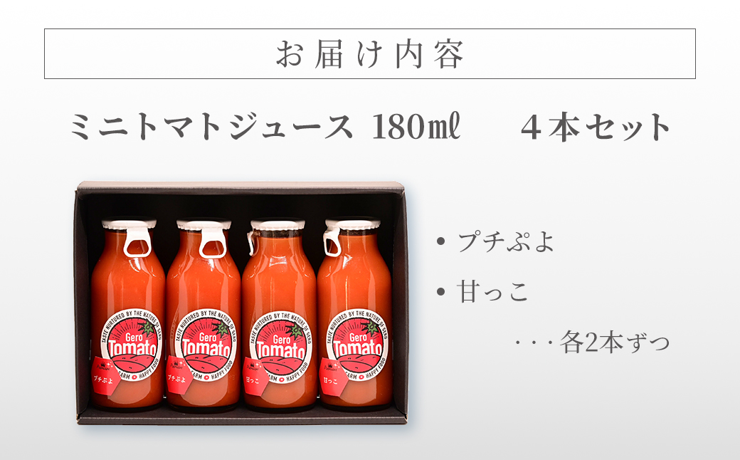 飛騨産 100％ 無添加 ミニトマトジュース180㎖  4本セット(5) 2種類 (プチぷよ、甘っこ)（各2本）ギフト 贈り物 プチトマト ミニトマト プレゼント 贈答 とまと 飲料 野菜飲料 トマト トマトジュース 野菜ジュース  無添加 無塩 トマトの丘【113-8】 2種類  (プチぷよ、甘っこ)