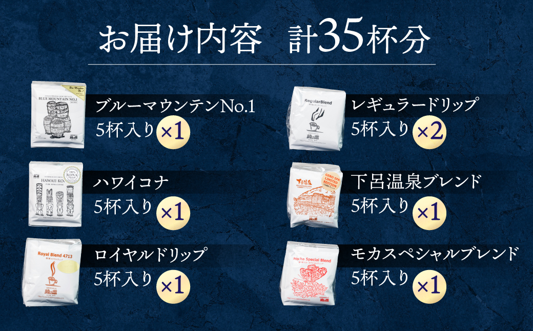 自家焙煎珈琲ドリップコーヒーアソート35杯分(ブルーマウンテンNo1　5杯、ハワイ・コナ 5杯、ロイヤルブレンド5杯×1、レギュラーブレンド5杯×2、下呂温泉ブレンド5杯、モカ・スペシャルブレンド5杯） コーヒー 珈琲 ドリップ 下呂温泉 緑の館 ドリップバッグ ドリップパック ドリップバック【17-10】 自家焙煎珈琲ドリップコーヒーアソート35杯分