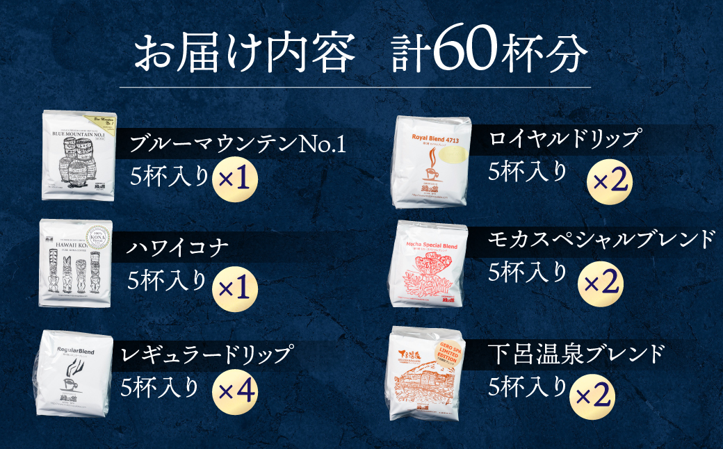 ドリップアソート60杯分（ブルーマウンテンNo1　5杯、ハワイ・コナ 5杯、レギュラ-ドリップ5杯×4、ロイヤルブレンド5杯×2、モカ・スペシャルブレンド5杯×2、下呂温泉ブレンド5杯×2） コーヒー 珈琲 ドリップ 下呂温泉 緑の館 大容量 ドリップバッグ ドリップパック ドリップバック【17-14】