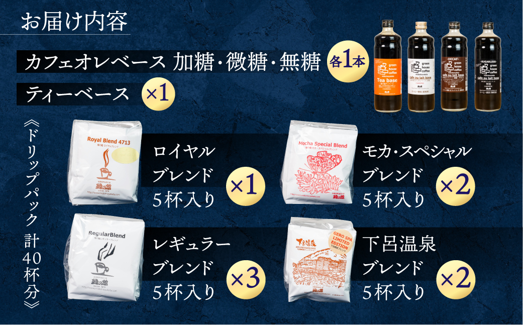 カフェオレベース 3種とティーベース＆ドリップコーヒーアソート 40杯分（ロイヤルブレンド、レギュラーブレンド5杯×3、下呂温泉ブレンド5杯×2、モカ・スペシャルブレンド5杯×2 ）コーヒー 珈琲 ドリップ 下呂温泉 緑の館 大容量 ドリップバッグ ドリップパック ドリップバック【17-15】