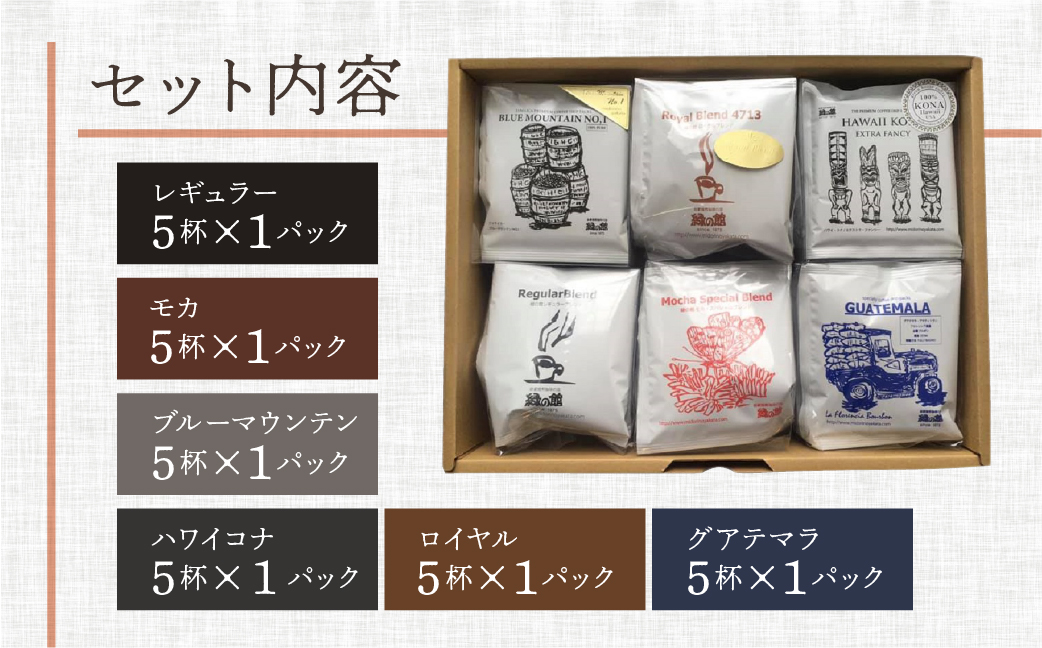 高級ドリップパックアソート30杯分ギフトセット（ブルーマウンテン、ハワイ・コナ、ロイヤルブレンド、レギュラーブレンド、モカスペシャルブレンド、グアテマラ各5杯）コーヒー 珈琲 ドリップ 下呂温泉 緑の館 ギフト 贈り物 ドリップバッグ ドリップパック ドリップバック【17-30】