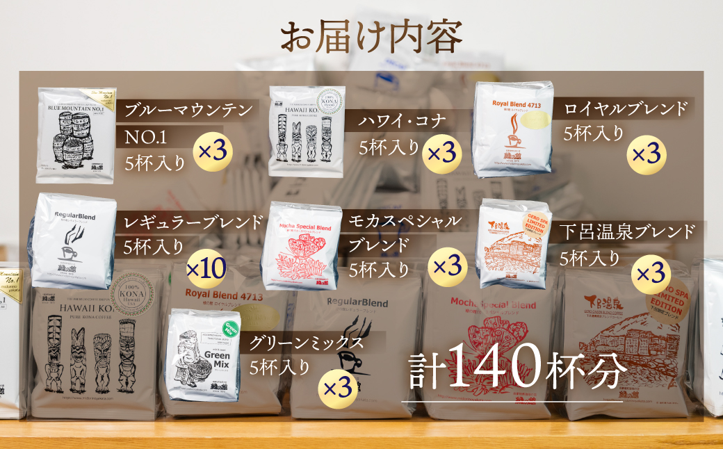 自家焙煎珈琲大容量ドリップコーヒーアソート　7種 計140杯分 コーヒー 珈琲 ドリップ 下呂温泉 緑の館 ドリップバッグ ドリップパック ドリップバック【17-32】