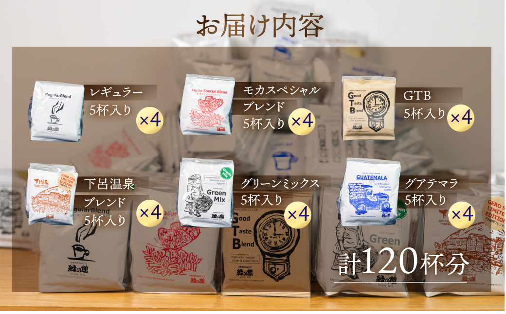 「緑の館 」/ ドリップアソート 6種 計120杯分（レギュラー、モカブレンド、ＧＴＢ、グリーンミックス、下呂温泉ブレンド、グアテマラ） ドリップバッグ ドリップパック ドリップバック【17-60】