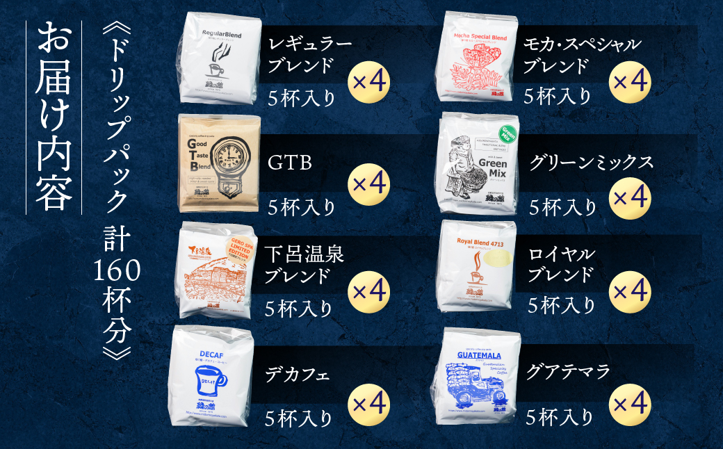 「緑の館 」/ ドリップアソート 8種 計160杯分（レギュラー、モカブレンド、ＧＴＢ、グリーンミックス、下呂温泉ブレンド、ロイヤルブレンド、デカフェ、グアテマラ） ドリップバッグ ドリップパック ドリップバック【17-61】