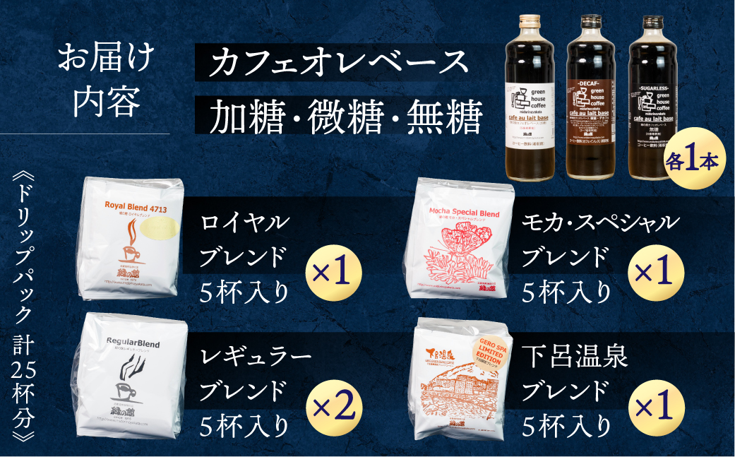 カフェオレベース3種とドリップアソート25杯分（レギュラー5杯×2/モカ・スペシャル5杯/ロイヤル5杯/下呂温泉限定ブレンド5杯 ）コーヒー 珈琲 ドリップ 下呂温泉 緑の館【17-9】