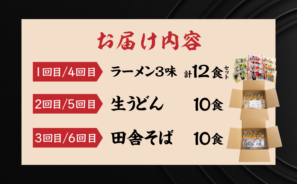 【定期便 6回】訳あり（簡易包装）麺づくしセット（飛騨高山らーめん３味セット 12食・生うどん 10食セット・田舎そば 10食セット）【丸中製麺所】高山ラーメン 自家製麺 飛騨 下呂市 ラーメン しょうゆ みそ セット 訳アリ わけあり 自宅用 定期 毎月 ウドン 蕎麦 麺 6カ月【29-D】 【定期便 6回】（簡易包装）麺づくしセット（生うどん・田舎そば・飛騨高山らーめん）