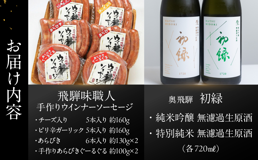 【飛騨 味職人】手作りウインナー4種と【初緑】 無濾過生原酒2種セット （720ml×各1本）お酒 日本酒 純米吟醸 奥飛騨酒造 おさだ食品 あらびき ソーセージ おつまみ BBQ バーベキュー 下呂温泉【54-16】 手作りウインナー4種と無濾過生原酒2種