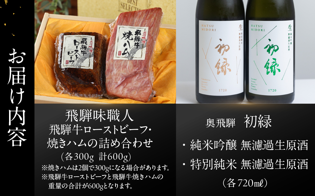 【飛騨 味職人】飛騨牛ローストビーフ・焼きハムの詰め合わせ(計600g)と【初緑】 無濾過生原酒2種セット(720ml×各1本) お酒 日本酒 純米吟醸 奥飛騨酒造 おさだ食品 飛騨牛 ハム おつまみ 晩酌 ギフト 下呂温泉【54-18】 ローストビーフ・焼きハム(計600g)と無濾過生原酒2種