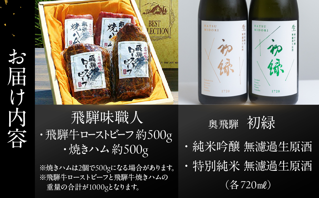 【飛騨 味職人】飛騨牛ローストビーフ・焼きハムの詰め合わせ(計1000g)と【初緑】 無濾過生原酒2種セット(720ml×各1本) お酒 日本酒 純米吟醸 奥飛騨酒造 おさだ食品 飛騨牛 ハム おつまみ 晩酌 ギフト 下呂温泉【54-19】 ローストビーフ・焼きハム(計1000g)と無濾過生原酒2種