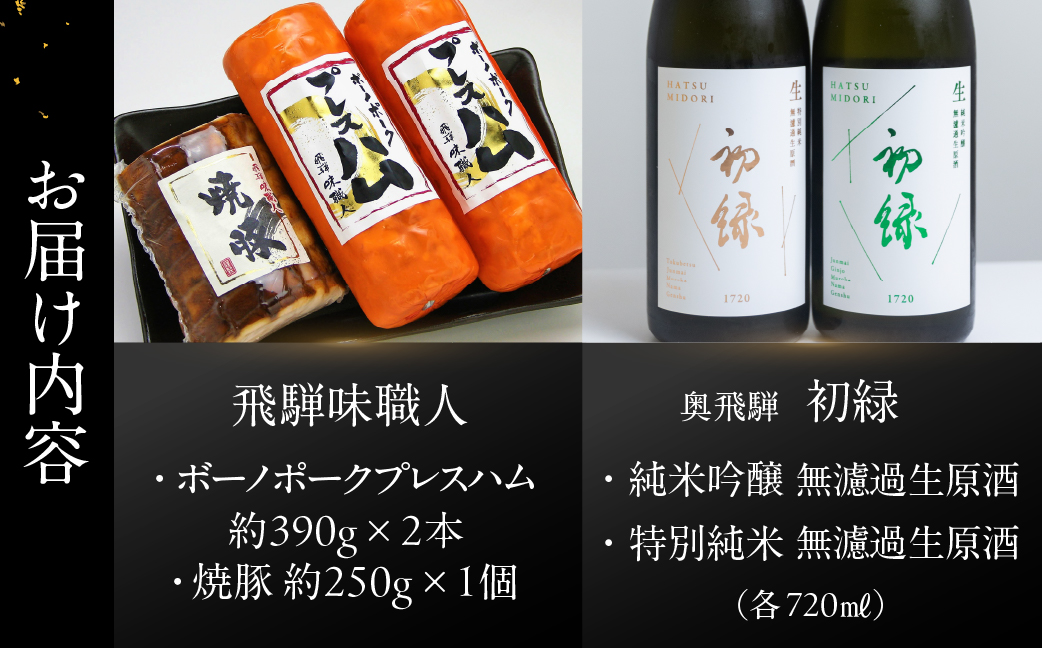 【飛騨 味職人】ボーノポークプレスハム＆焼豚の詰め合わせと【初緑】 無濾過生原酒2種セット(720ml×各1本) お酒 日本酒 純米吟醸 奥飛騨酒造 おさだ食品 チャーシュー ハム おつまみ 晩酌 ギフト 下呂温泉【54-20】 ボーノポークプレスハム＆焼豚と無濾過生原酒2種