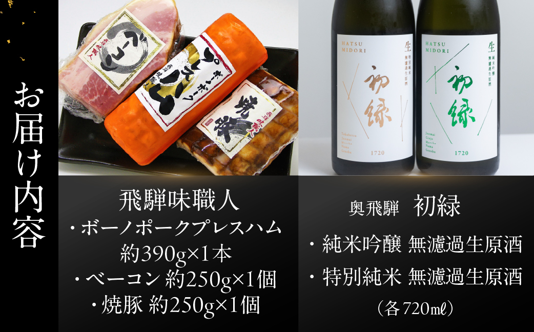 【飛騨 味職人】ボーノポークプレスハム＆ベーコン＆焼豚の詰め合わせと【初緑】 無濾過生原酒2種セット(720ml×各1本) お酒 日本酒 純米吟醸 奥飛騨酒造 おさだ食品 チャーシュー ハム おつまみ 晩酌 ギフト 下呂温泉【54-21】 ボーノポークプレスハム＆ベーコン＆焼豚と無濾過生原酒2種