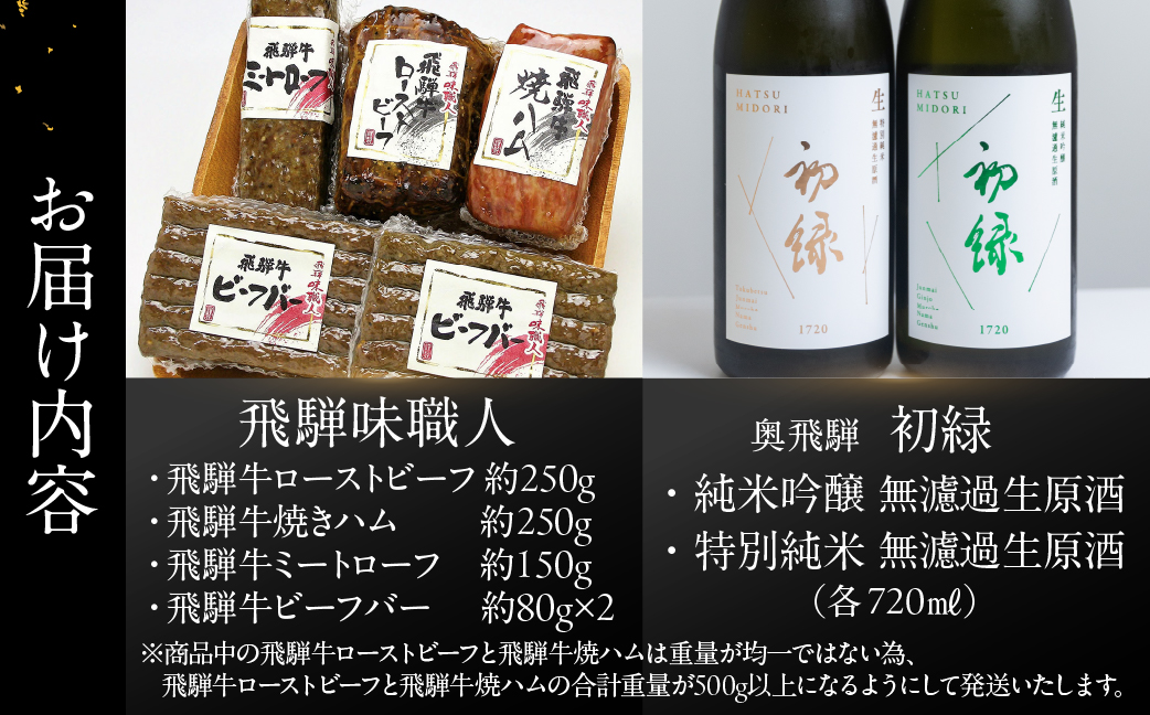 【飛騨 味職人】飛騨牛尽くし詰め合わせと【初緑】 無濾過生原酒2種セット(720ml×各1本) お酒 日本酒 純米吟醸 奥飛騨酒造 おさだ食品 ローストビーフ ハム おつまみ 晩酌 ギフト 下呂温泉【54-22】 飛騨牛尽くし詰め合わせと無濾過生原酒2種