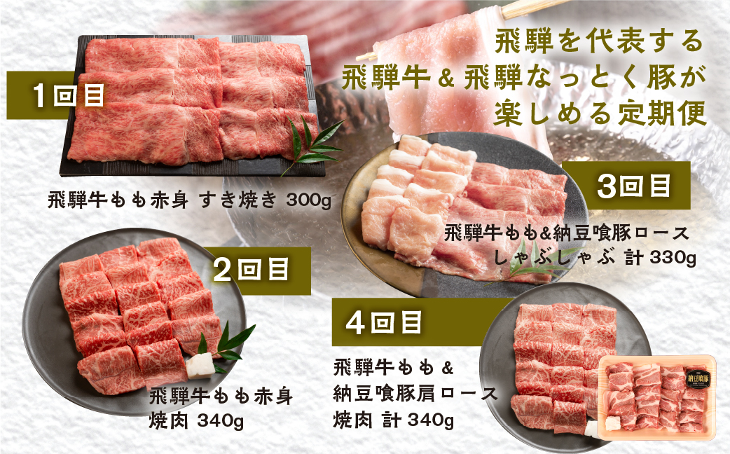 【定期便 4回】 飛騨牛 ＆ なっとく豚 定期便 4回 牛肉 / 豚肉 食べ比べ (焼肉 / すき焼き / しゃぶしゃぶ / 豚しゃぶ) 下呂温泉 おすすめ ブランド牛 赤身 霜降り【tc1】