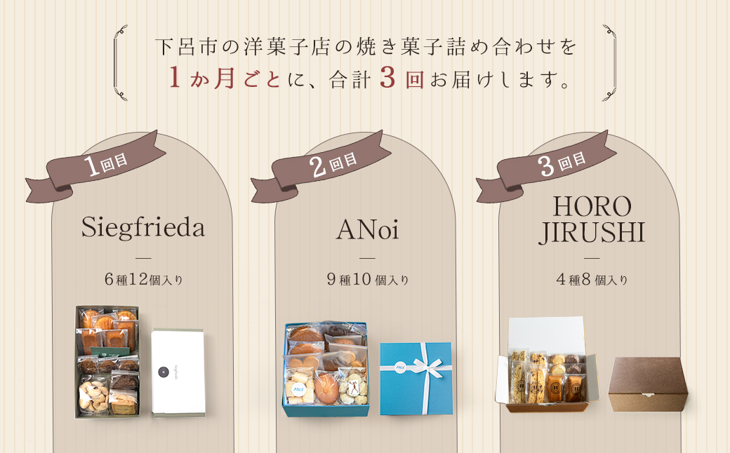 【定期便 3回】下呂の焼菓子 定期便 3ヵ月定期便（1）（ジークフリーダ＆ANoi＆HORO JIRUSHI）菓子 焼き菓子 横断定期 定期 毎月 定期便 岐阜県 下呂市【tc10】