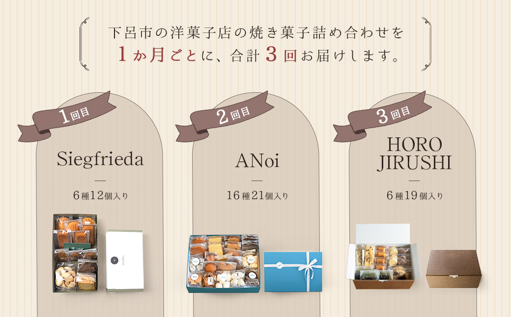 【定期便 3回】下呂の焼菓子 定期便 3ヵ月定期便（2）（ジークフリーダ＆ANoi＆HORO JIRUSHI）菓子 焼き菓子 横断定期 定期 毎月 定期便 岐阜県 下呂市【tc11】