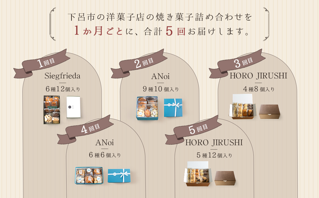 【定期便 5回】下呂の焼菓子 定期便 5ヵ月定期便（ジークフリーダ＆ANoi＆HORO JIRUSHI）菓子 焼き菓子 横断定期 定期 毎月 定期便 岐阜県 下呂市【tc12】