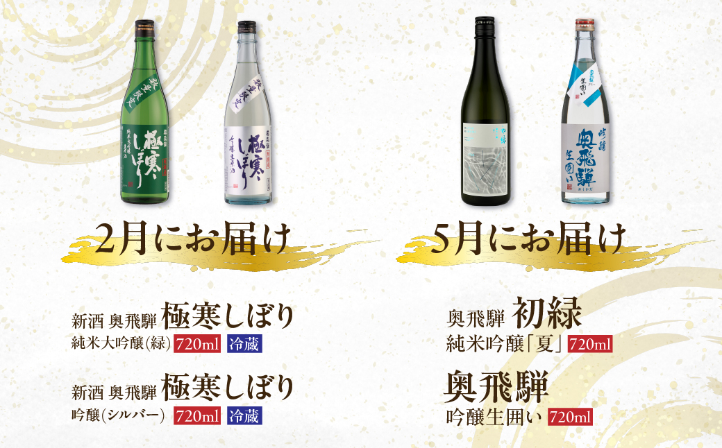 【定期便 4回】奥飛騨酒造 季節限定のお酒 720ml 2本コース（年4回 計8本） 定期 毎月 酒 奥飛騨酒造 おすすめ 下呂市 期間限定 日本酒 4ヶ月【16-B】 720ml 2本コース（年4回 計8本）