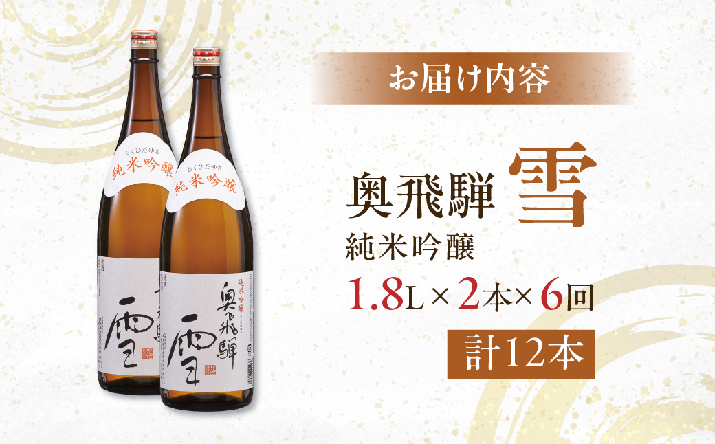 【定期便 6回】奥飛騨純米吟醸 雪 1.8L×2本（6ヶ月 計12本） 定期 毎月 酒 奥飛騨酒造 おすすめ 下呂市 純米吟醸 日本酒 6ヶ月【16-E】 定期便6回 雪 2本×6ヶ月（計12本）