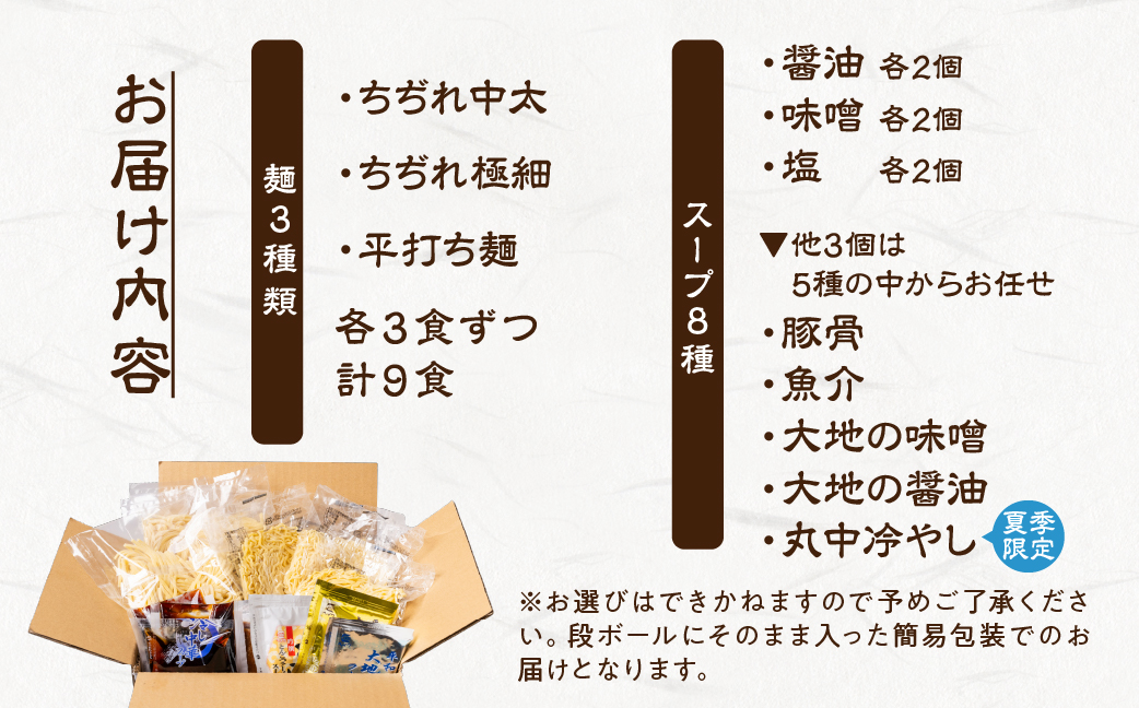 【訳あり】簡易包装 バラエティーセットB　麺3種 計9食（スープ 6種 計10個）（ちぢれ中太・ちぢれ極細・平打ち麺　各3個）【丸中製麺所】高山ラーメン 自家製麺 飛騨 下呂市 ラーメン しょうゆ みそ 塩 豚骨 魚介 セット 訳アリ わけあり 自宅用【29-13】 バラエティーセットB 麺3種 計9食