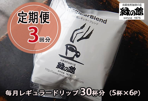 【毎月 定期便 全3回】緑の館 レギュラー30杯分（5杯入り×6P）×3回分 毎月発送 コーヒー レギュラーブレンド 自家焙煎珈琲店 ドリップ 下呂温泉【17-A】