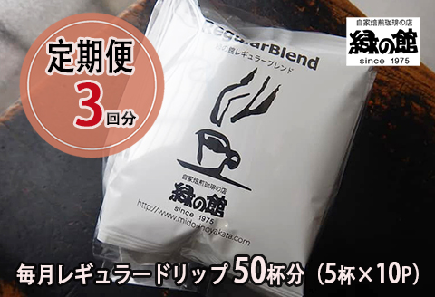 【毎月 定期便 全3回】緑の館 レギュラー50杯分（5杯入り×10P）×3回分 毎月発送 コーヒー レギュラーブレンド 自家焙煎珈琲店 ドリップ 下呂温泉【17-B】