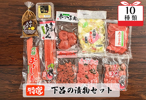 やましげ特撰「下呂の漬物セットA」10種類（しな漬・赤かぶ・きり漬・辛唐味噌・ゆず味噌・たくあん）冷蔵配送 漬け物 つけもの【83-6】