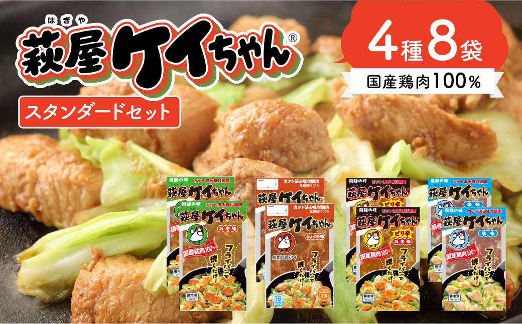 萩屋ケイちゃんスタンダードセットみそ味・しょうゆ味・ピリ辛みそ味・しお味（各230g×2）冷凍配送 けいちゃん 鶏ちゃん【10-2】