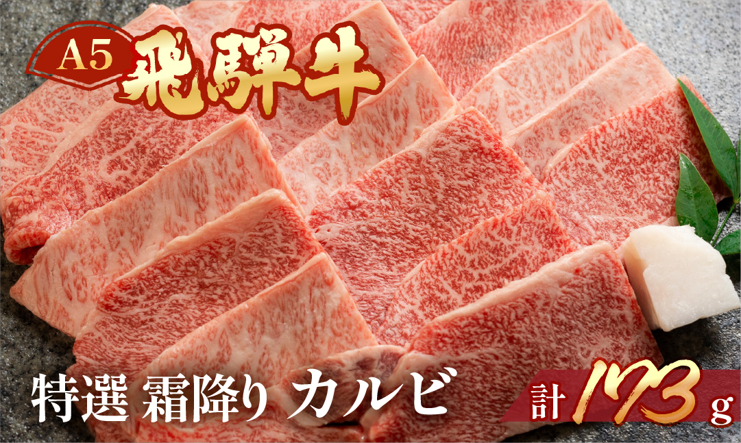 飛騨牛 A5 特選霜降りカルビ 173g（約2人前）【冷凍 真空】牛肉 霜降り しもふり 焼肉 牛 天狗【11-79】