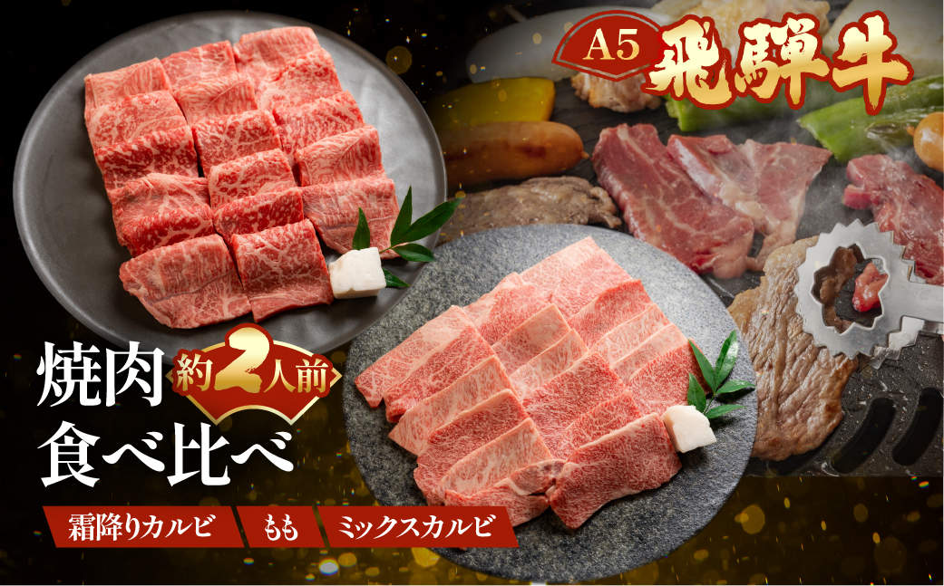 飛騨牛A5 食べ比べ3種セット（特選霜降りカルビ 173g・もも焼肉 139g・ミックスカルビ176g）【冷凍 真空】牛肉 霜降り しもふり モモ 赤身 カルビ 焼肉 牛 天狗 【11-84】