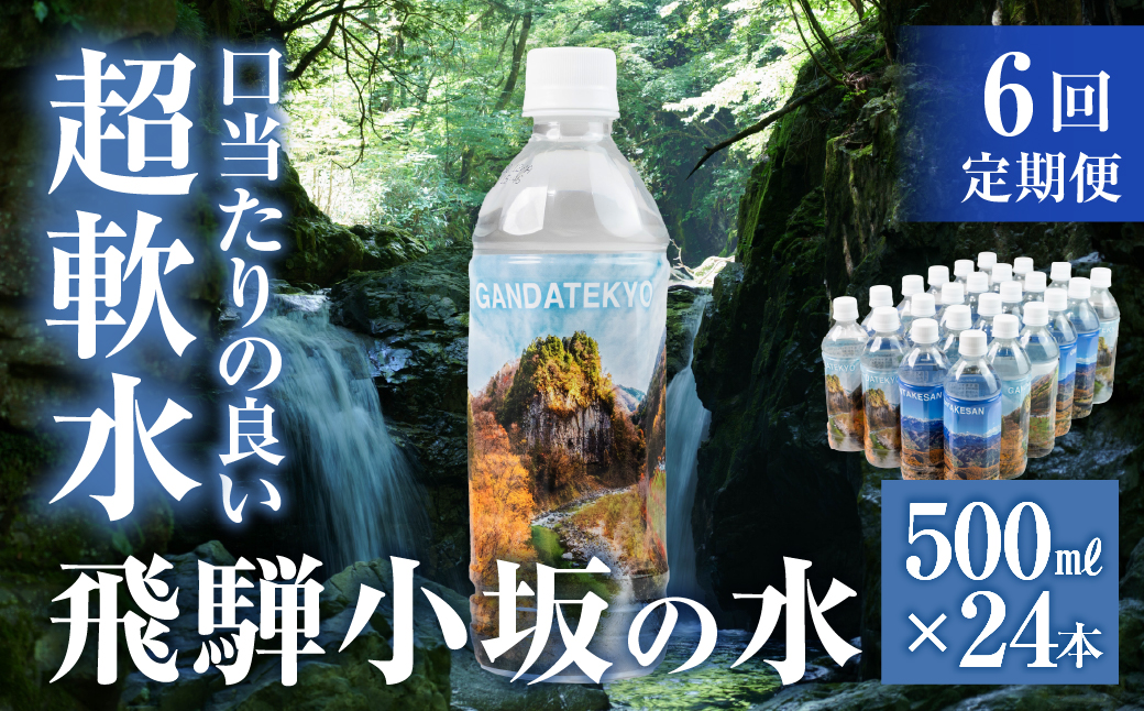 【定期便 6回】飛騨小坂の水（ナチュラルミネラルウォーター）500ml×24本（1箱24本入り）× 6カ月 超軟水 軟水 水 保存水 下呂市 小坂 飛騨【110-B】