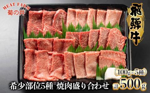 [数量限定]飛騨牛 希少部位5種 焼肉盛り合わせ 各100g 計500g (ラムシン、ボンショー、カイノミ、トモサンカク、シキンボウ) 牛肉 ブランド牛 国産 贈答 ギフト[冷凍][70-45]