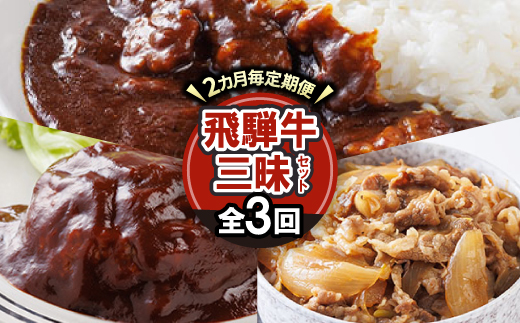 【2ヵ月毎定期便】飛騨牛三昧(ハンバーグ・カレー・牛丼の冷凍食品3種セット)全3回【配送不可地域：離島】