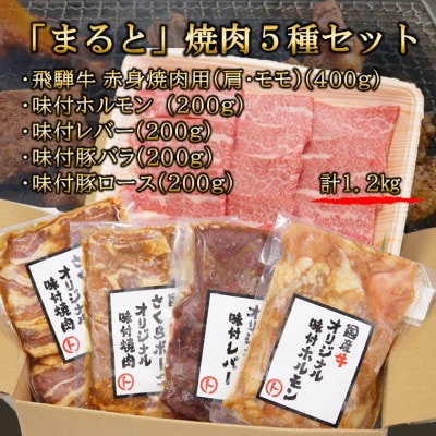 【飛騨牛】焼肉5種セット　赤身焼肉＆味付け牛ホルモンなど　合計1.2kg【配送不可地域：離島】