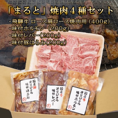 【飛騨牛】焼肉4種セットA-2　ロース・肩ロースと味付けホルモンなど　合計1kg【配送不可地域：離島】