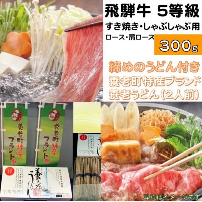 飛騨牛 5等級　すき焼き・しゃぶしゃぶ用　300g(ロース・肩ロース)養老うどん付(2人前)【配送不可地域：離島】