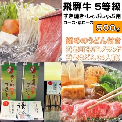 飛騨牛 5等級　すき焼き・しゃぶしゃぶ用　500g(ロース・肩ロース)養老うどん付(3人前)【配送不可地域：離島】