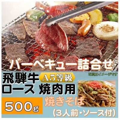 飛騨牛ロース5等級500g・焼きそば3人前(ソース付)　バーベキューセット【配送不可地域：離島】