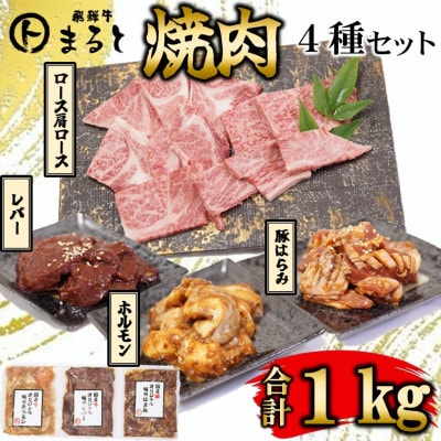 【飛騨牛】焼肉4種セットA-2　ロース・肩ロースと味付けホルモンなど　合計1kg【配送不可地域：離島】