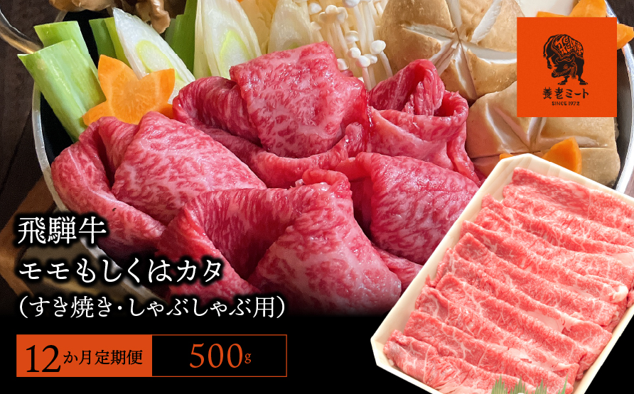 【12か月定期便】【飛騨牛】モモもしくはカタ 500g (すき焼き・しゃぶしゃぶ用)