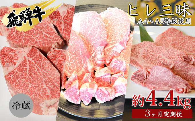 飛騨牛　ヒレ三昧　計4.4kg A4～A5等級使用（3ヶ月定期便） 