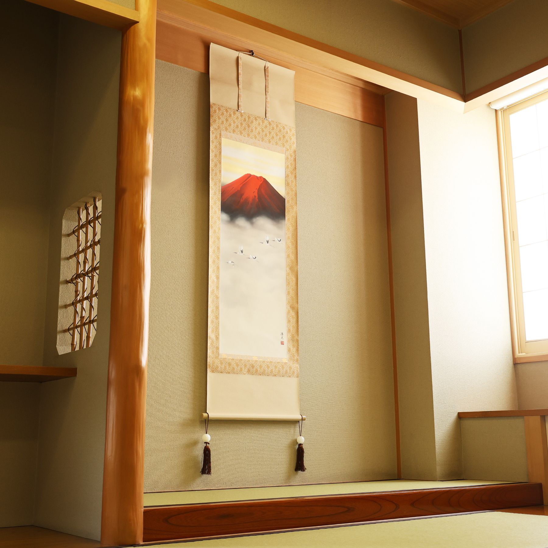 掛軸 「朱映飛鶴」 西森湧光 尺五立