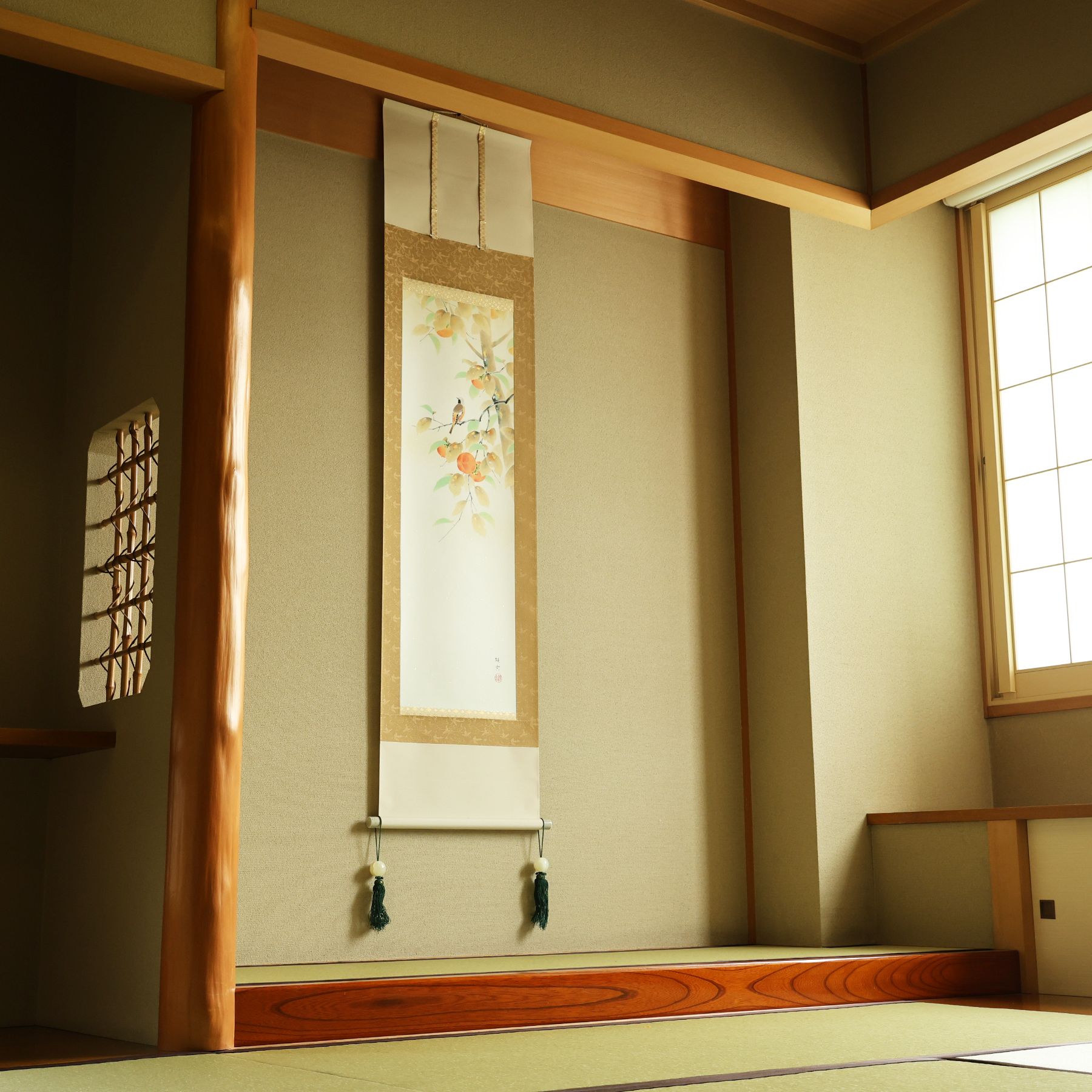 掛軸 「柿に小禽」 佐藤純吉 半切立