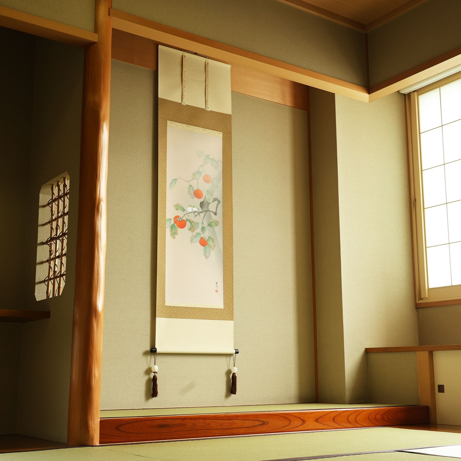 掛軸 「柿に小禽」 富岡蘇峰 尺五立