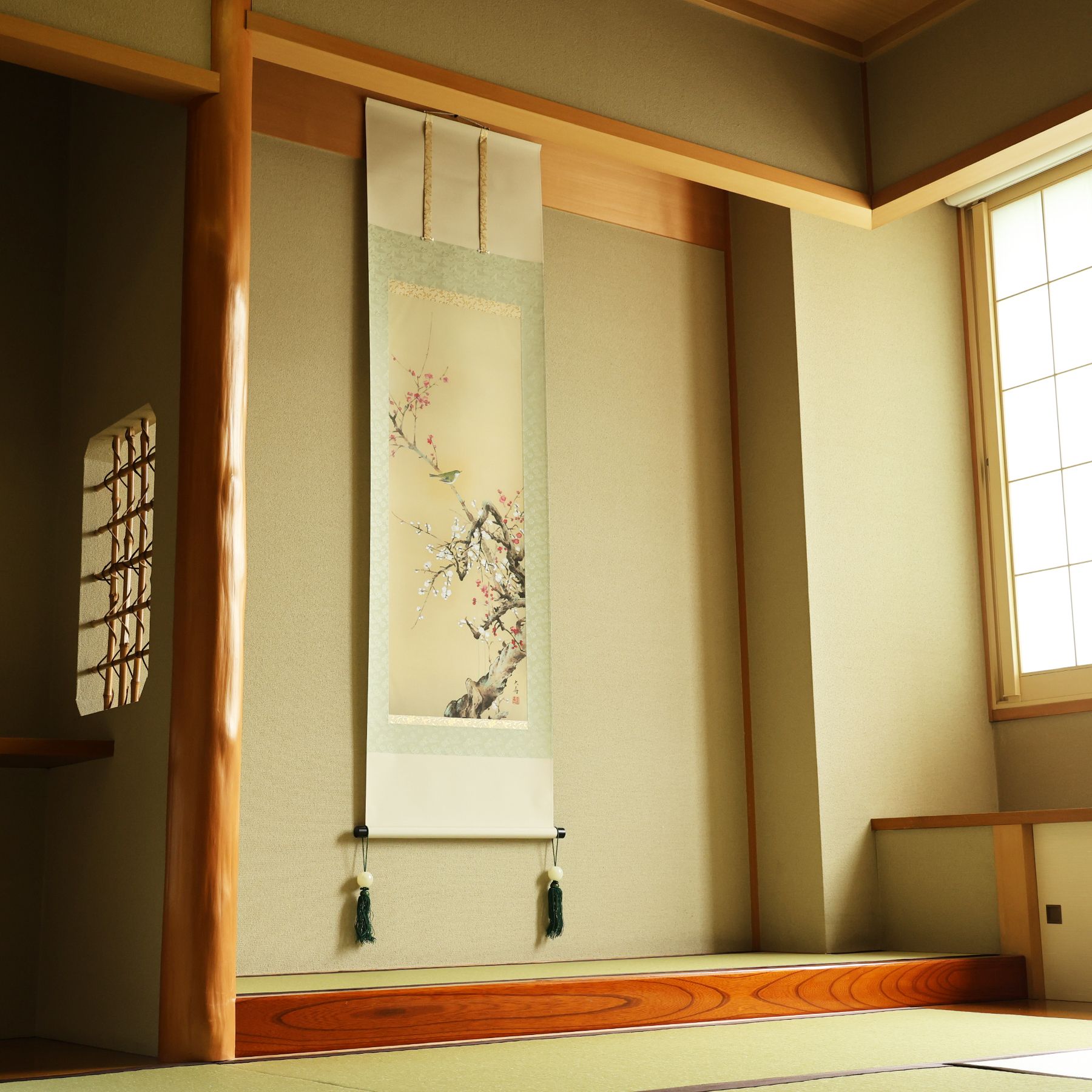 掛軸 「紅白梅に鴬」 石田大寿 尺五立