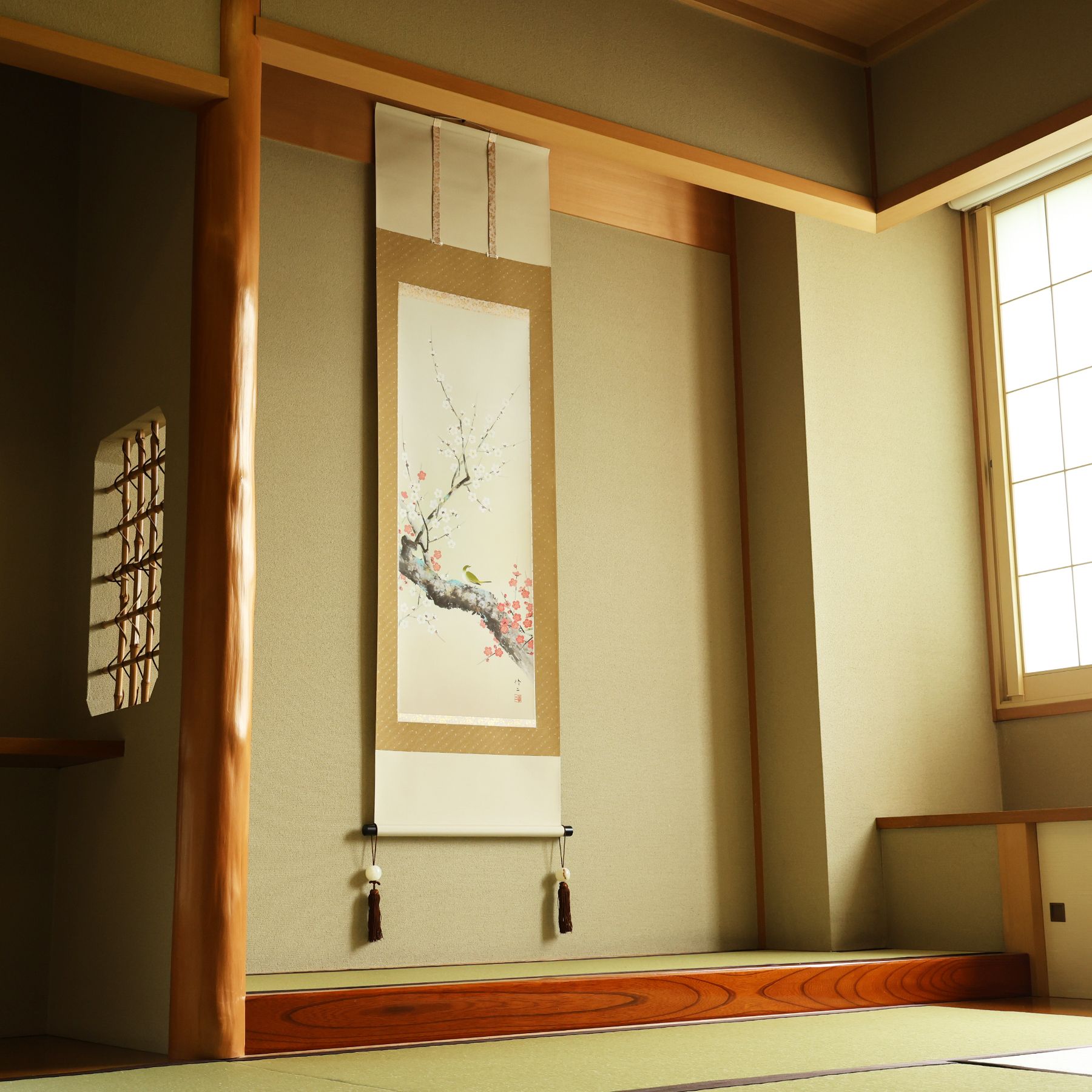 掛軸 「梅に鴬」 田辺修二 尺五立