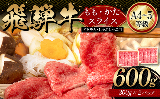 A4等級以上【飛騨牛】もも・かたスライス（600g 300g×2パック）和牛 すき焼き しゃぶしゃぶ 小分け 大容量 ブランド牛 ネオプライムヒグチ 肉のひぐち お中元 お歳暮 ギフト F6M-338